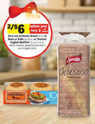 Sara Lee Artesano Bread or Thomas' English Muffins