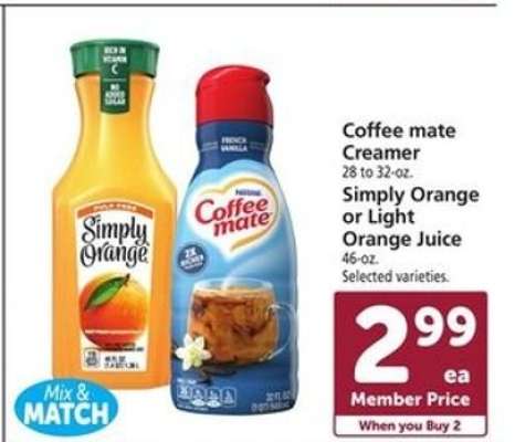 Coffee mate Creamer or Simply Orange Juice