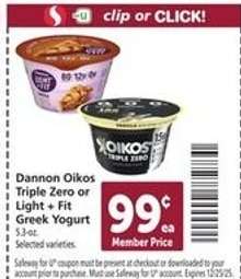 Dannon Oikos Triple Zero or Light + Fit Greek Yogurt