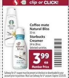 Coffee mate Natural Bliss / Starbucks Creamer
