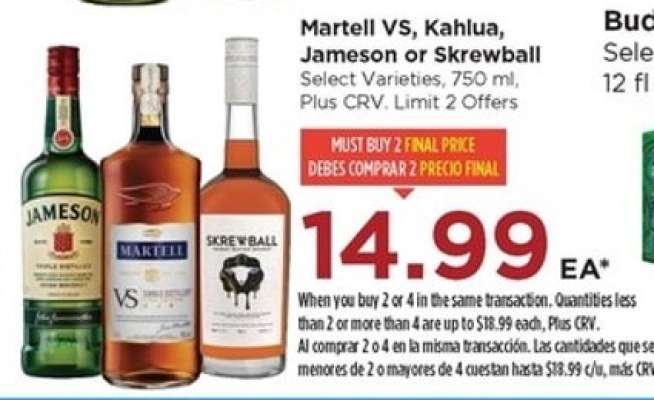 Martell VS, Kahlua, Jameson or Skrewball