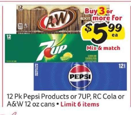 12 Pk Pepsi Products or 7UP, RC Cola or A&W 12 oz cans
