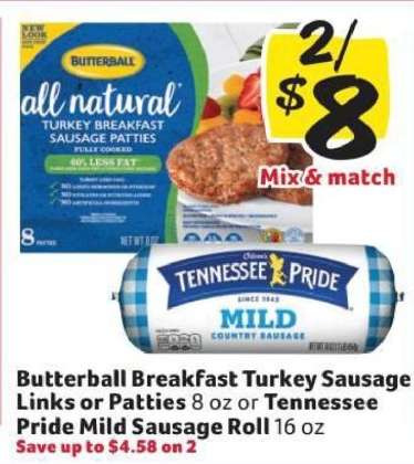 Butterball Breakfast Turkey Sausage Links or Patties or Tennessee Pride Mild Sausage Roll