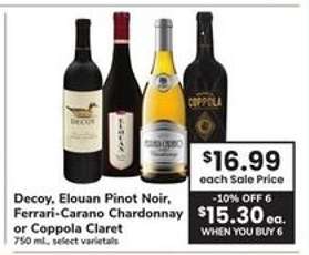 Decoy, Elouan Pinot Noir, Ferrari-Carano Chardonnay or Coppola Claret