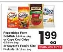 Pepperidge Farm Goldfish or Cape Cod Chips or Snyder's Family Size Pretzels