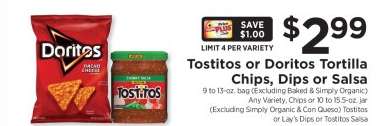 Tostitos or Doritos Tortilla Chips, Dips or Salsa