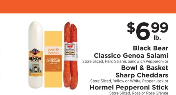 Black Bear Classico Genoa Salami, Bowl & Basket Sharp Cheddars, Hormel Pepperoni Stick