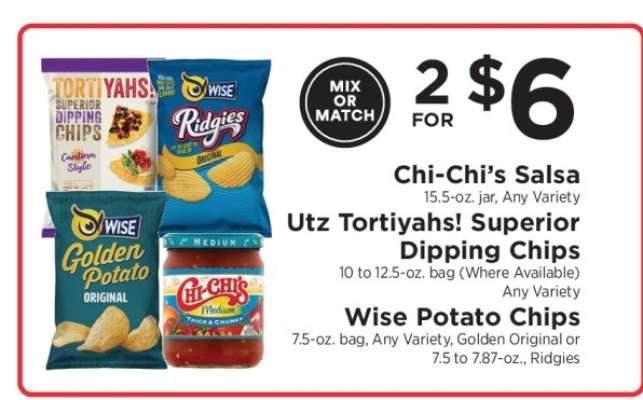 Chi-Chi’s Salsa, Utz Tortiyahs! Superior Dipping Chips, Wise Potato Chips