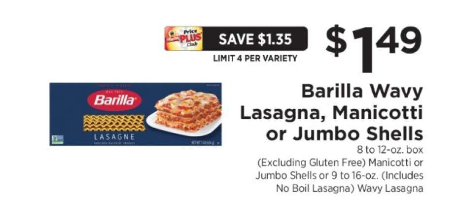 Barilla Wavy Lasagna, Manicotti or Jumbo Shells
