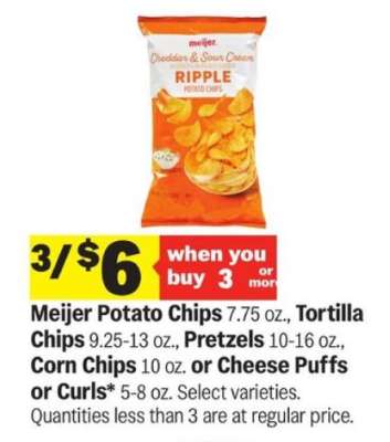 Meijer Potato Chips, Tortilla Chips, Pretzels, Corn Chips, Cheese Puffs or Curls