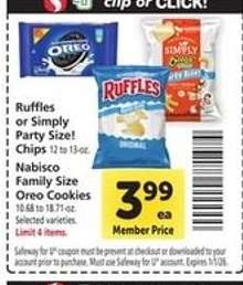 Ruffles or Simply Party Size! Chips / Nabisco Family Size Oreo Cookies