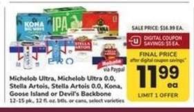 Michelob Ultra, Michelob Ultra 0.0, Stella Artois, Stella Artois 0.0, Kona, Goose Island or Devil's Backbone