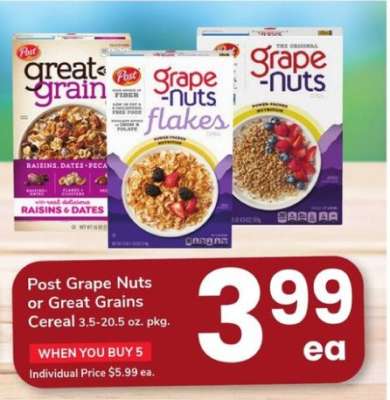 Post Grape Nuts or Great Grains Cereal