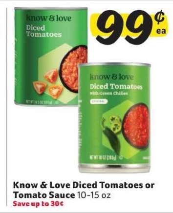 Know & Love Diced Tomatoes or Tomato Sauce