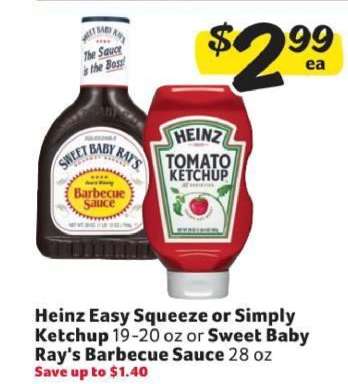 Heinz Easy Squeeze or Simply Ketchup or Sweet Baby Ray's Barbecue Sauce