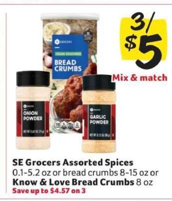 SE Grocers Assorted Spices or Know & Love Bread Crumbs