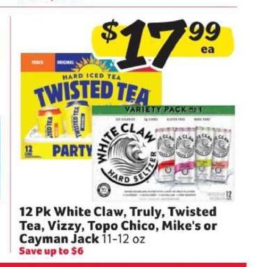12 Pk White Claw, Truly, Twisted Tea, Vizzy, Topo Chico, Mike's or Cayman Jack