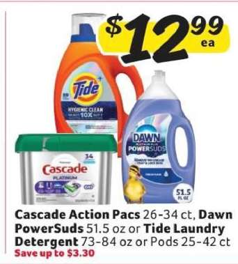 Cascade Action Pacs, Dawn PowerSuds, Tide Laundry Detergent