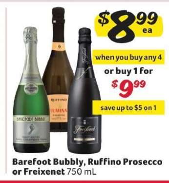 Barefoot Bubbly, Ruffino Prosecco or Freixenet