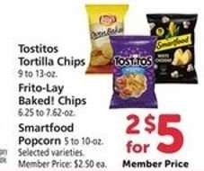 Tostitos Tortilla Chips, Frito-Lay Baked! Chips, Smartfood Popcorn
