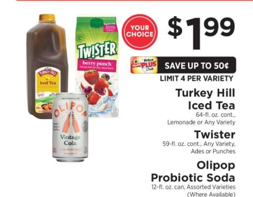 Turkey Hill Iced Tea, Twister, Olipop Probiotic Soda