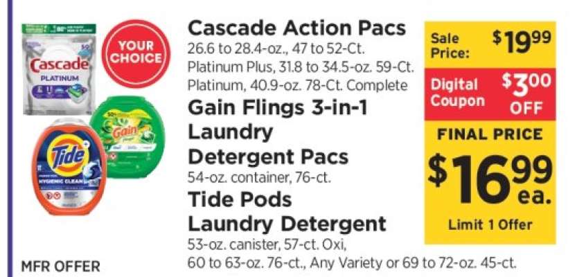 Cascade Action Pacs, Gain Flings 3-in-1 Laundry Detergent Pacs, Tide Pods Laundry Detergent