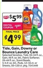 Tide, Gain, Downy or Bounce Laundry Care