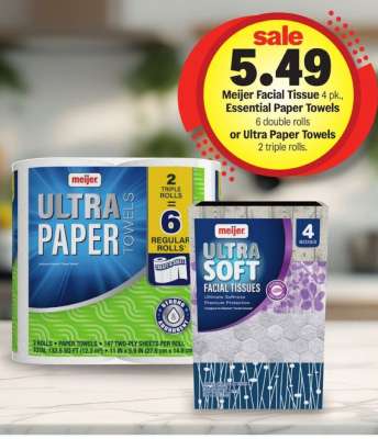 Meijer Facial Tissue 4 pk, Essential Paper Towels