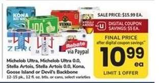 Michelob Ultra, Michelob Ultra 0.0, Stella Artois, Stella Artois 0.0, Kona, Goose Island or Devil's Backbone