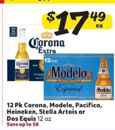 12 Pk Corona, Modelo, Pacifico, Heineken, Stella Artois or Dos Equis