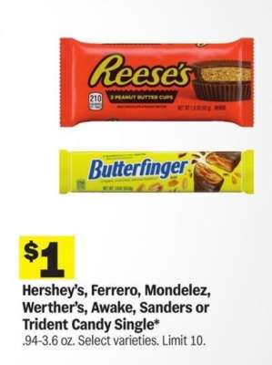 Hershey’s, Ferrero, Mondelez, Werther’s, Awake, Sanders or Trident Candy Single
