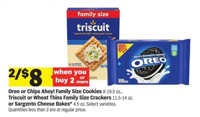 Oreo or Chips Ahoy! Family Size Cookies, Triscuit or Wheat Thins Family Size Crackers, Sargento Cheese Bakes