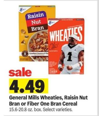 General Mills Wheaties, Raisin Nut Bran or Fiber One Bran Cereal