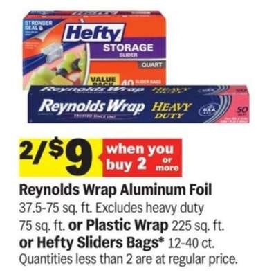 Reynolds Wrap Aluminum Foil or Plastic Wrap or Hefty Sliders Bags