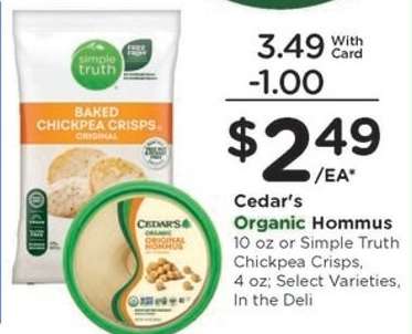 Cedar's Organic Hommus or Simple Truth Chickpea Crisps