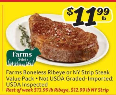 Farms Boneless Ribeye or NY Strip Steak Value Pack