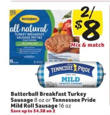 Butterball Breakfast Turkey Sausage or Tennessee Pride Mild Roll Sausage