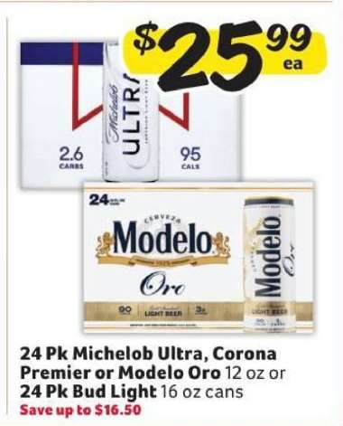 24 Pk Michelob Ultra, Corona Premier or Modelo Oro 12 oz or 24 Pk Bud Light 16 oz cans