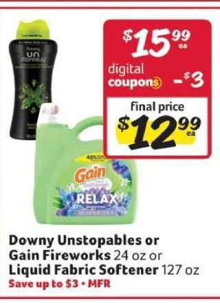 Downy Unstopables or Gain Fireworks or Liquid Fabric Softener