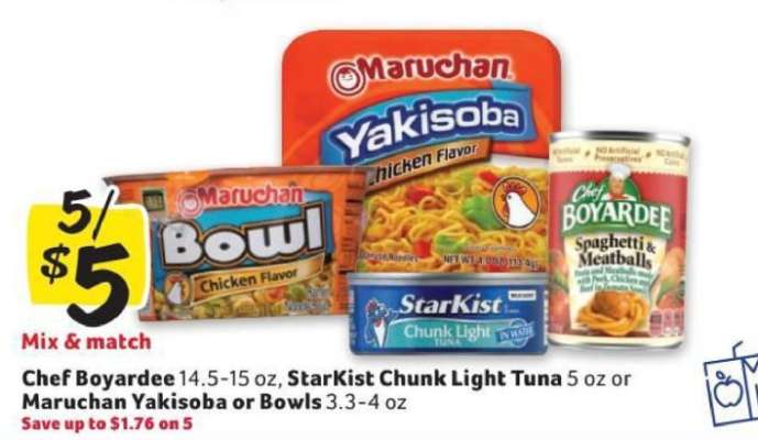 Chef Boyardee, StarKist Chunk Light Tuna, Maruchan Yakisoba or Bowls