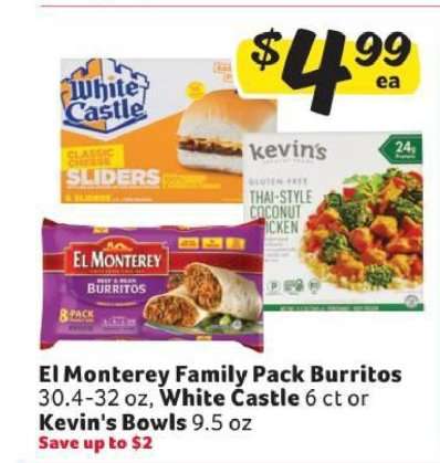 El Monterey Family Pack Burritos, White Castle, Kevin's Bowls