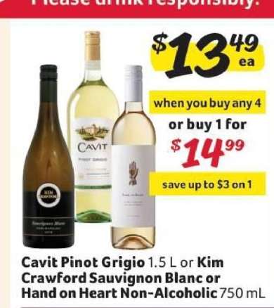 Cavit Pinot Grigio, Kim Crawford Sauvignon Blanc, Hand on Heart Non-Alcoholic