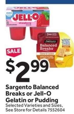 Sargento Balanced Breaks or Jell-O Gelatin or Pudding