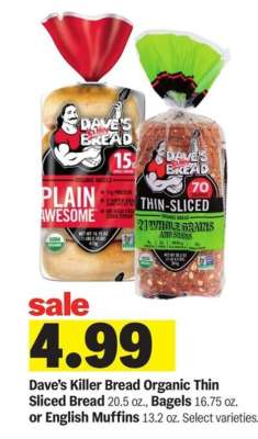 Dave's Killer Bread Organic Thin Sliced Bread or Bagels or English Muffins