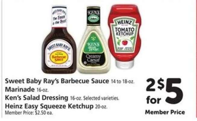 Sweet Baby Ray's Barbecue Sauce, Ken's Salad Dressing, Heinz Easy Squeeze Ketchup