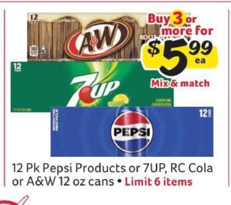 12 Pk Pepsi Products or 7UP, RC Cola or A&W 12 oz cans