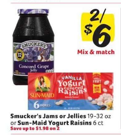 Smucker's Jams or Jellies or Sun-Maid Yogurt Raisins