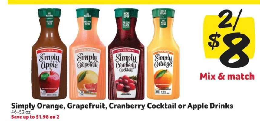 Simply Orange, Grapefruit, Cranberry Cocktail or Apple Drinks