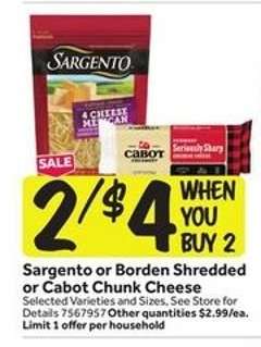 Sargento or Borden Shredded or Cabot Chunk Cheese