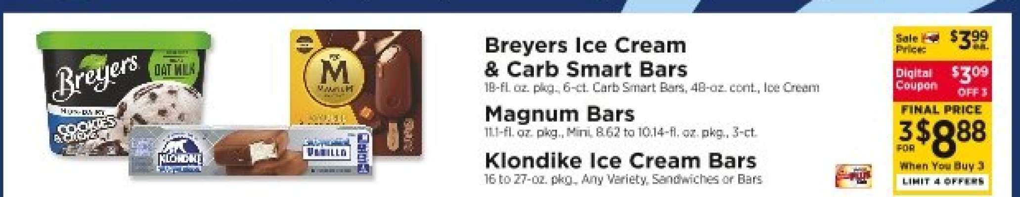 Breyers Ice Cream & Carb Smart Bars, Magnum Bars, Klondike Ice Cream Bars